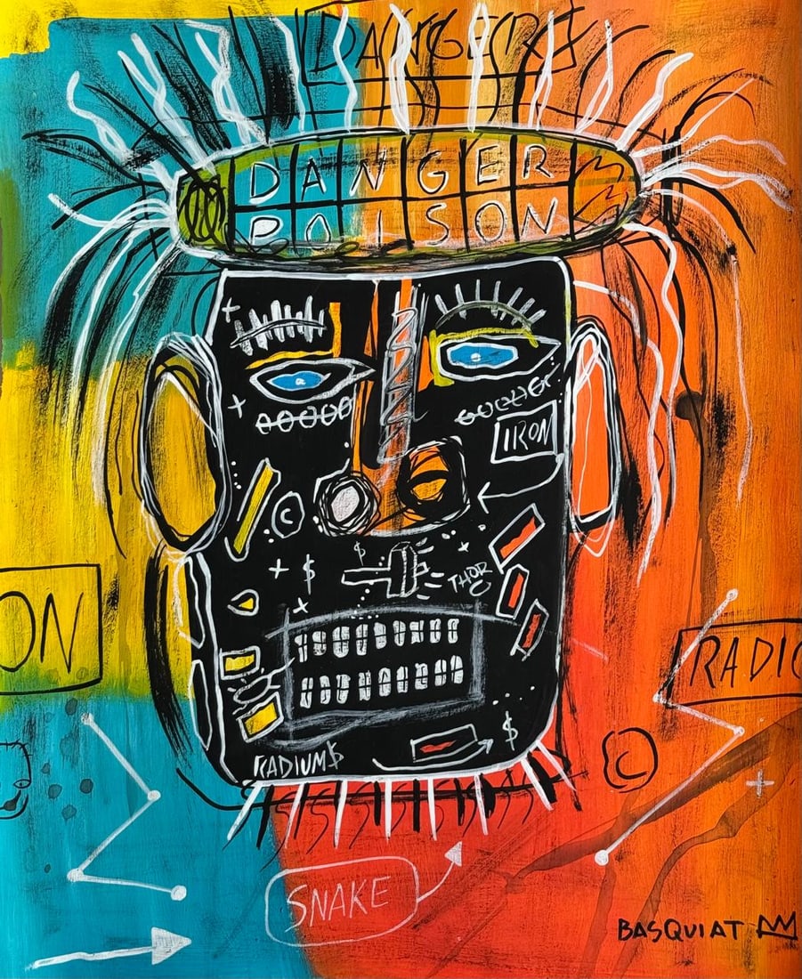 Jean-Michel Basquiat (Drawing on Paper Painting) Style of: Drawing on paper 9 x 11 inches, rendered in the style of Jean-Michel Basquiat (22 Dec 1960 - 12 Aug 1988) was an American artist who rose to success during the 1980s as part of the Neo-expressionism m