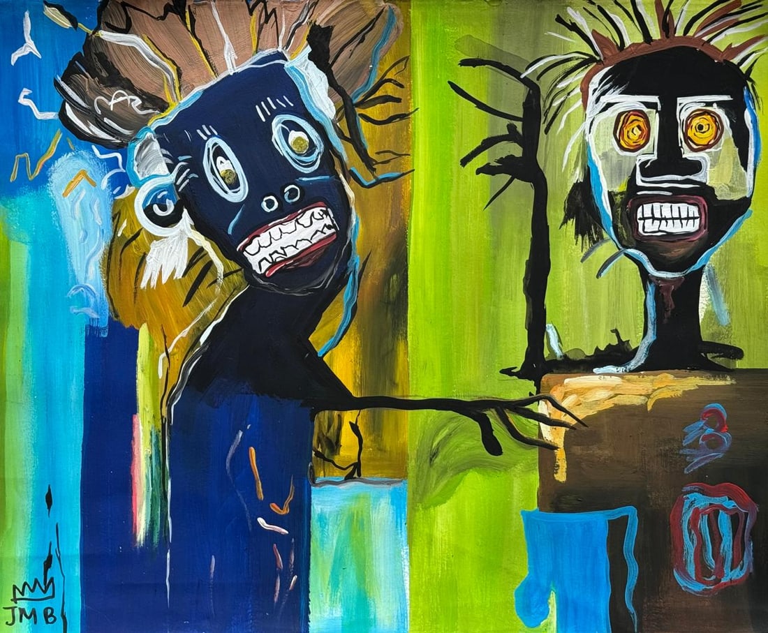Jean-Michel Basquiat (Drawing on Paper Painting) Style of: Drawing on paper 9 x 11 inches, rendered in the style of Jean-Michel Basquiat (22 Dec 1960 - 12 Aug 1988) was an American artist who rose to success during the 1980s as part of the Neo-expressionism m