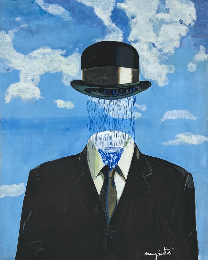 Rene Magritte (Drawing on Paper Painting) Style of: Drawing on paper 8½ x 11 inches, rendered in the style of Rene Magritte between (21 Nov 1898 - 15 Aug 1967) was a Belgian surrealist artist known for his depictions of familiar objects in unfam