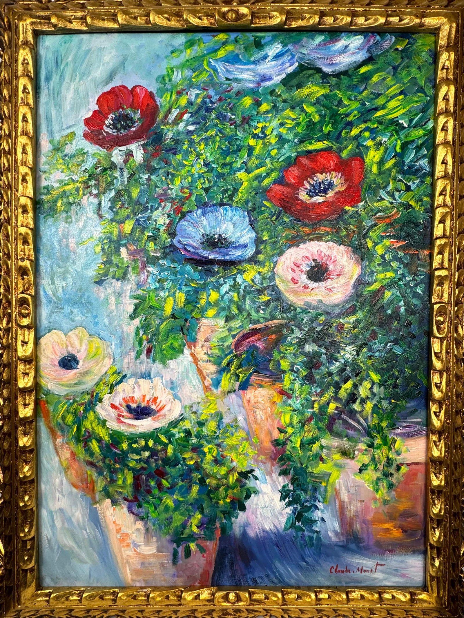 Claude Monet French (Oil on canvas painting) Style of: Oil on canvas painting 25 x 33 inches, rendered in the style of Claude Monet (14 Nov 1840 - 05 Dec 1926) was a French painter and founder of impressionist painting who is seen as a key precursor to mo