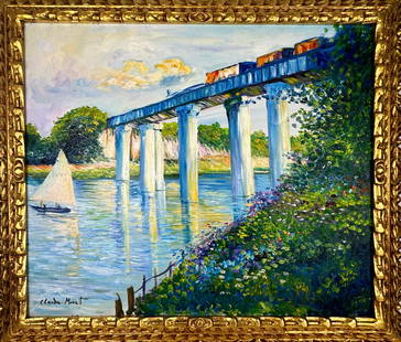 Claude Monet French (Oil on canvas painting) Style of: Oil on canvas painting 25 x 29 inches, rendered in the style of Claude Monet (14 Nov 1840 - 05 Dec 1926) was a French painter and founder of impressionist painting who is seen as a key precursor to mo