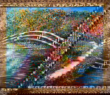 Claude Monet French (Oil on canvas painting) Style of: Oil on canvas painting 25 x 29 inches, rendered in the style of Claude Monet (14 Nov 1840 - 05 Dec 1926) was a French painter and founder of impressionist painting who is seen as a key precursor to mo