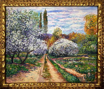 Claude Monet French (Oil on canvas painting) Style of: Oil on canvas painting 25 x 29 inches, rendered in the style of Claude Monet (14 Nov 1840 - 05 Dec 1926) was a French painter and founder of impressionist painting who is seen as a key precursor to mo