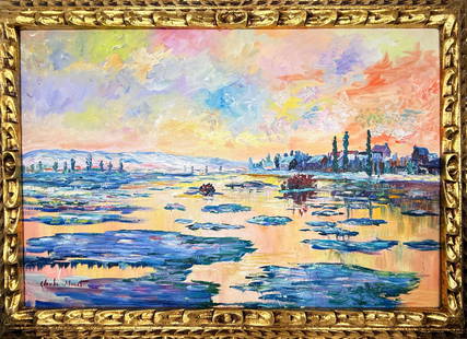 Claude Monet French (Oil on canvas painting) Style of: Oil on canvas painting 21 x 29 inches, rendered in the style of Claude Monet (14 Nov 1840 - 05 Dec 1926) was a French painter and founder of impressionist painting who is seen as a key precursor to mo