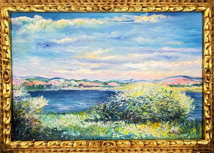 Claude Monet French (Oil on canvas painting) Style of: Oil on canvas painting 21 x 29 inches, rendered in the style of Claude Monet (14 Nov 1840 - 05 Dec 1926) was a French painter and founder of impressionist painting who is seen as a key precursor to mo