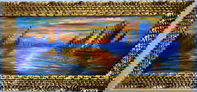 Claude Monet French (Oil on canvas painting) Style of: Oil on canvas painting 17&frac12; x 37&frac12; inches, rendered in the style of Claude Monet (14 Nov 1840 - 05 Dec 1926) was a French painter and founder of impressionist painting who is seen as a key