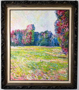 Claude Monet French (Oil on canvas painting) Style of: Oil on canvas painting 25 x 28&frac12; inches, rendered in the style of Claude Monet (14 Nov 1840 - 05 Dec 1926) was a French painter and founder of impressionist painting who is seen as a key precurs