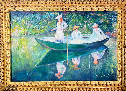 Claude Monet French (Oil on canvas painting) Style of: Oil on canvas painting 21 x 29 inches, rendered in the style of Claude Monet (14 Nov 1840 - 05 Dec 1926) was a French painter and founder of impressionist painting who is seen as a key precursor to mo