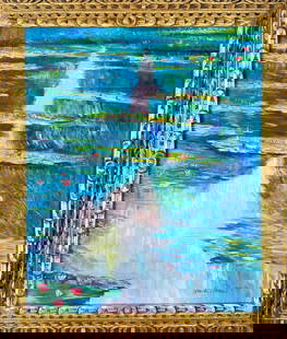 Claude Monet French (Oil on canvas painting) Style of: Oil on canvas painting 25 x 29 inches, rendered in the style of Claude Monet (14 Nov 1840 - 05 Dec 1926) was a French painter and founder of impressionist painting who is seen as a key precursor to mo