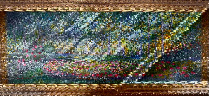 Claude Monet French (Oil on canvas painting) Style of: Oil on canvas painting 17&frac12; x 37 inches, rendered in the style of Claude Monet (14 Nov 1840 - 05 Dec 1926) was a French painter and founder of impressionist painting who is seen as a key precurs