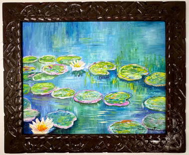 Claude Monet French (Oil on canvas painting) Style of: Oil on canvas painting 20&frac12; x 25 inches, rendered in the style of Claude Monet (14 Nov 1840 - 05 Dec 1926) was a French painter and founder of impressionist painting who is seen as a key precurs