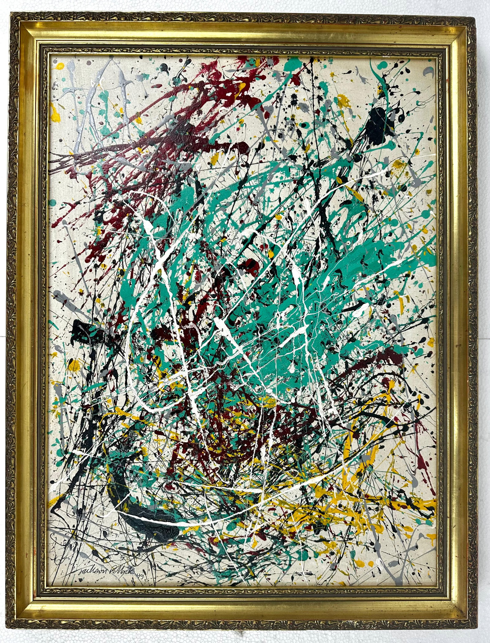 Jackson Pollock (Enamel on canvas) Style of: Enamel on canvas 16½ x 22½ inches, rendered in the Style of Pollock (28 Jan 1912 - 11 Aug 1956) was an American painter. A major figure in the abstract expressionist movement, Pollock wa