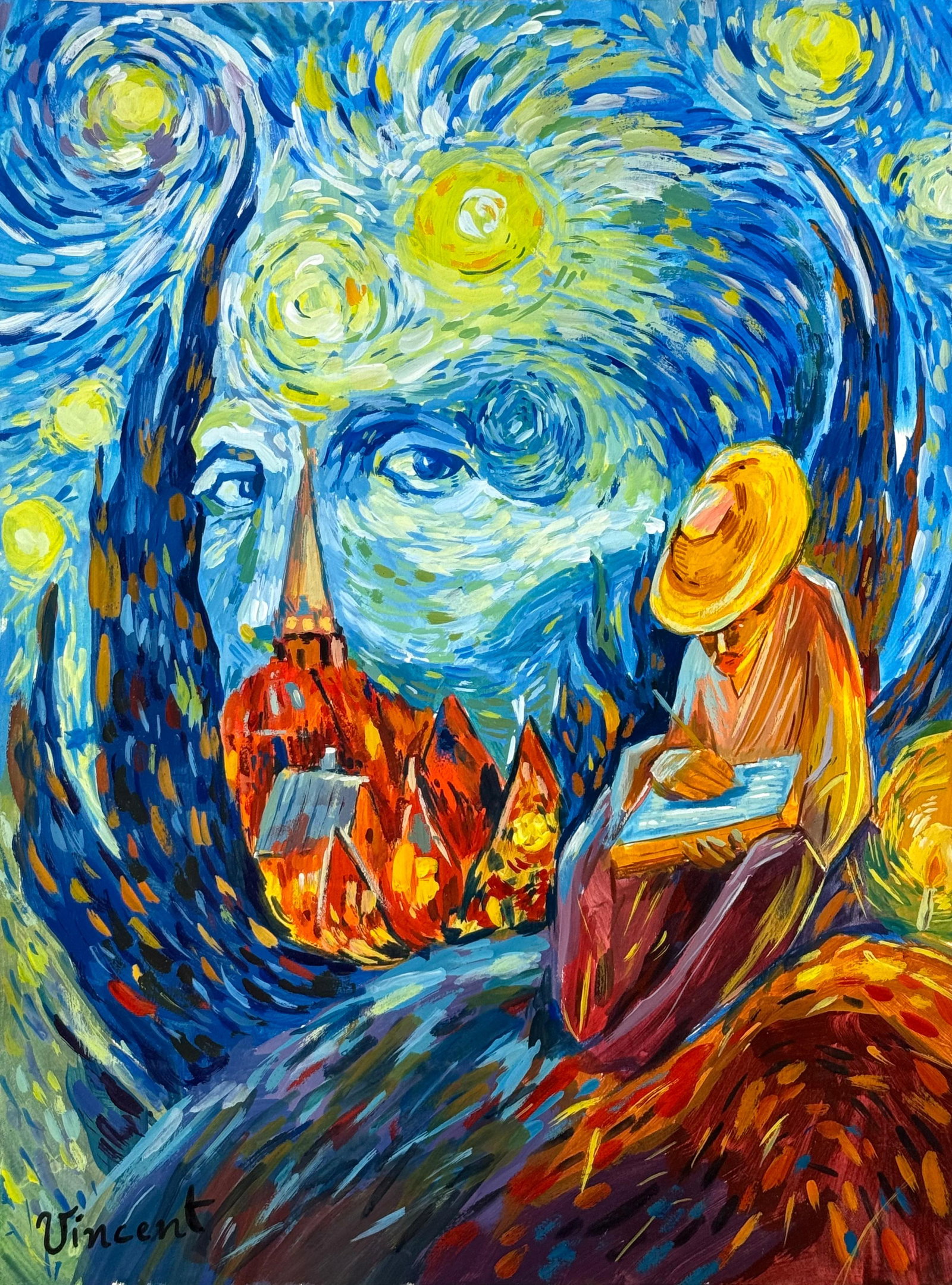 Vincent Van Gogh (Drawing on Paper Painting) Style of: Drawing on paper 9 x 12 inches, rendered in the style of Vincent Van Gogh (30 Mar 1853 - 29 Jul 1890) was a Dutch painter, generally considered to be the greatest after Rembrandt van Rijn, and one of 