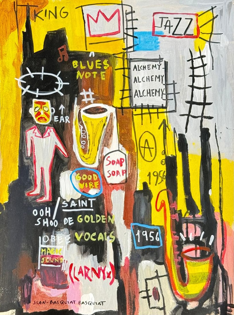 Jean-Michel Basquiat (Drawing on Paper Painting) Style of: Drawing on paper 9 x 12 inches, rendered in the style of Jean-Michel Basquiat (22 Dec 1960 - 12 Aug 1988) was an American artist who rose to success during the 1980s as part of the Neo-expressionism m