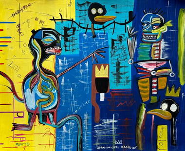 Jean-Michel Basquiat (Drawing on Paper Painting) Style of: Drawing on paper 9 x 11 inches, rendered in the style of Jean-Michel Basquiat (22 Dec 1960 - 12 Aug 1988) was an American artist who rose to success during the 1980s as part of the Neo-expressionism m