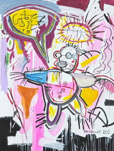 Jean-Michel Basquiat (Drawing on Paper Painting) Style of: Drawing on paper 8&frac12; x 11 inches, rendered in the style of Jean-Michel Basquiat (22 Dec 1960 - 12 Aug 1988) was an American artist who rose to success during the 1980s as part of the Neo-express