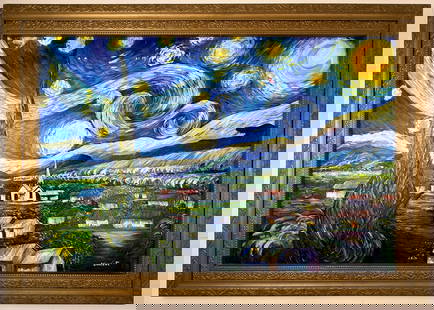 Vincent Van Gogh (Oil on canvas painting) Style of: Oil on canvas painting 28&frac12; x 40&frac12; inches, rendered in the style of Vincent Van Gogh (30 Mar 1853 - 29 Jul 1890) was a Dutch painter, generally considered to be the greatest after Rembrand