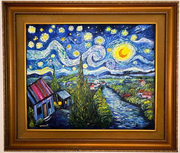 Vincent Van Gogh (Oil on canvas painting) Style of: Oil on canvas painting 27 x 31&frac12; inches, rendered in the style of Vincent Van Gogh (30 Mar 1853 - 29 Jul 1890) was a Dutch painter, generally considered to be the greatest after Rembrandt van Ri