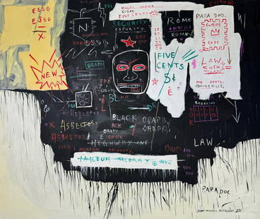 Jean-Michel Basquiat (Oil on canvas painting) Style of: Oil on canvas painting 19½ x 23½ inches, rendered in the style of Jean-Michel Basquiat (22 Dec 1960 - 12 Aug 1988) was an American artist who rose to success during the 1980s as part of