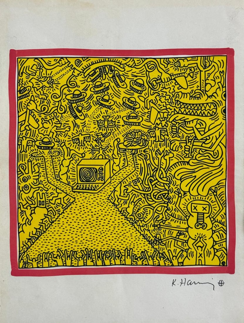 Keith Haring (Drawing on Paper Painting) Style of: Drawing on paper 8 x 10½ inches, rendered in the style of Keith Haring (04 May 1958 - 16 Feb 1990) was an American artist whose pop art emerged from the New York City graffiti subculture of the