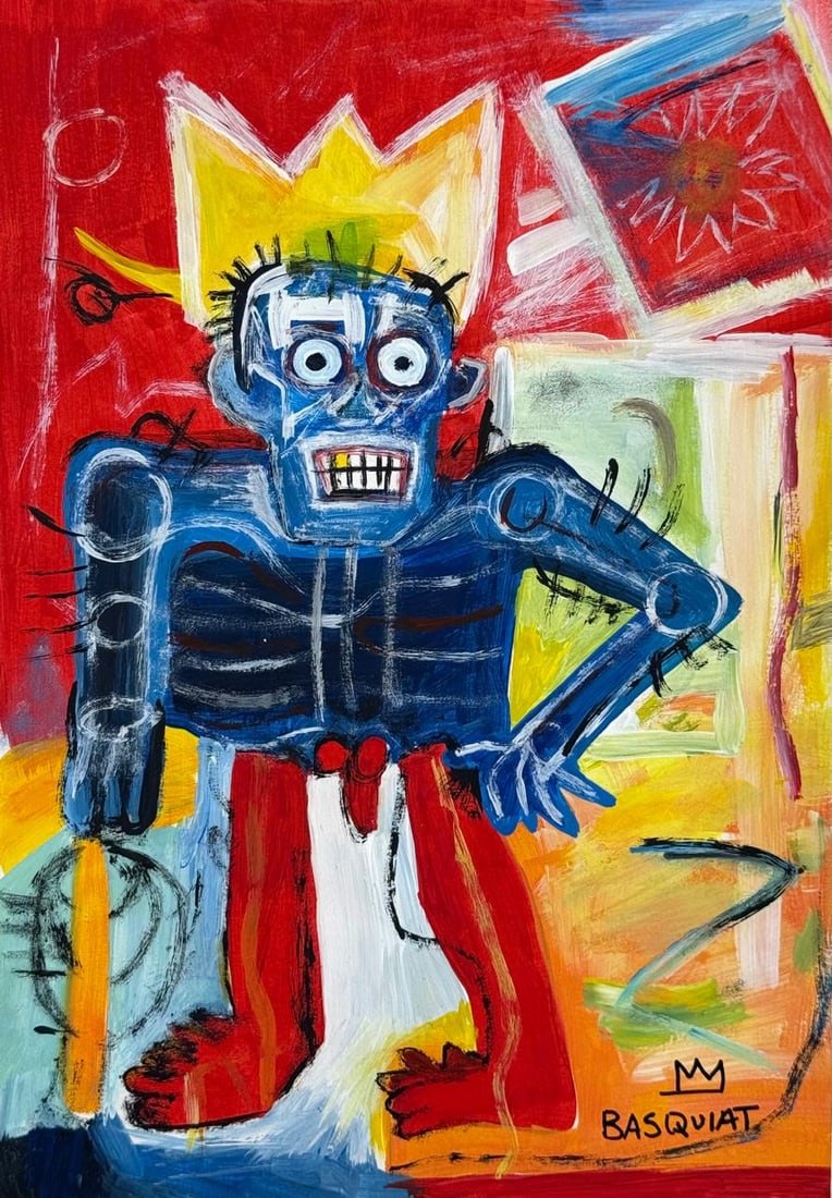 Jean-Michel Basquiat (Drawing on Paper Painting) Style of: Drawing on paper 7½ x 11 inches, rendered in the style of Jean-Michel Basquiat (22 Dec 1960 - 12 Aug 1988) was an American artist who rose to success during the 1980s as part of the Neo-express