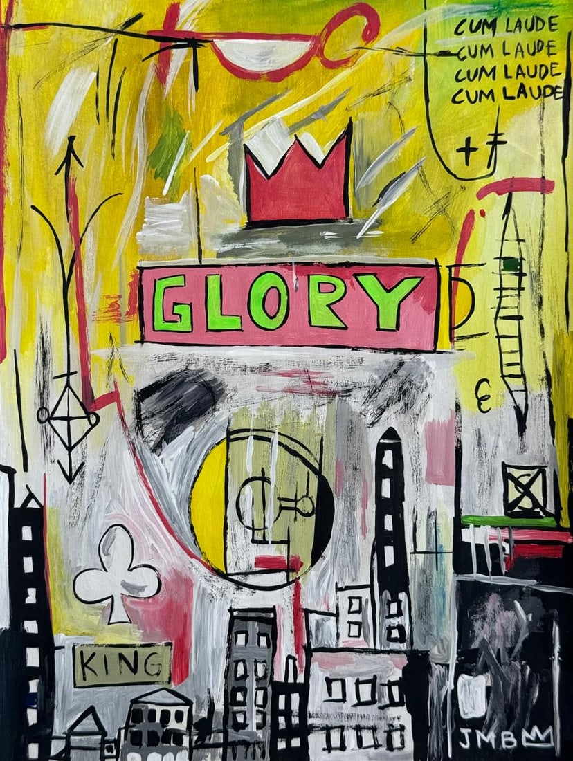 Jean-Michel Basquiat (Drawing on Paper Painting) Style of: Drawing on paper 8 x 10½ inches, rendered in the style of Jean-Michel Basquiat (22 Dec 1960 - 12 Aug 1988) was an American artist who rose to success during the 1980s as part of the Neo-express