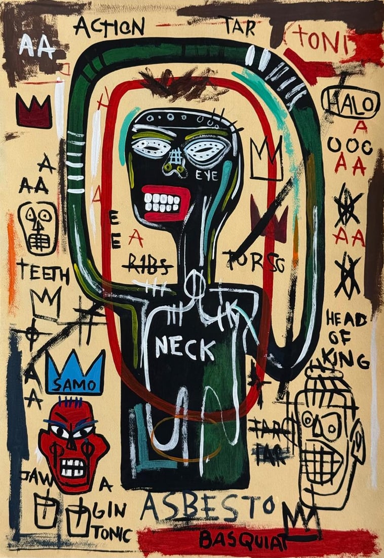 Jean-Michel Basquiat (Drawing on Paper Painting) Style of: Drawing on paper 8 x 11½ inches, rendered in the style of Jean-Michel Basquiat (22 Dec 1960 - 12 Aug 1988) was an American artist who rose to success during the 1980s as part of the Neo-express