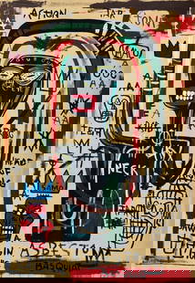 Jean-Michel Basquiat (Drawing on Paper Painting) Style of: Drawing on paper 8 x 11&frac12; inches, rendered in the style of Jean-Michel Basquiat (22 Dec 1960 - 12 Aug 1988) was an American artist who rose to success during the 1980s as part of the Neo-express