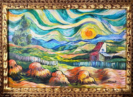 Vincent Van Gogh (Oil on canvas painting) Style of: Oil on canvas painting 21 x 29 inches, rendered in the style of Vincent Van Gogh (30 Mar 1853 - 29 Jul 1890) was a Dutch painter, generally considered to be the greatest after Rembrandt van Rijn, and