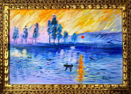 Claude Monet French (Oil on canvas painting) Style of: Oil on canvas painting 21 x 29 inches, rendered in the style of Claude Monet (14 Nov 1840 - 05 Dec 1926) was a French painter and founder of impressionist painting who is seen as a key precursor to mo