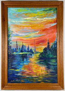 Claude Monet French (Oil on canvas painting) Style of: Oil on canvas painting 19&frac12; x 27&frac12; inches, rendered in the style of Claude Monet (14 Nov 1840 - 05 Dec 1926) was a French painter and founder of impressionist painting who is seen as a key
