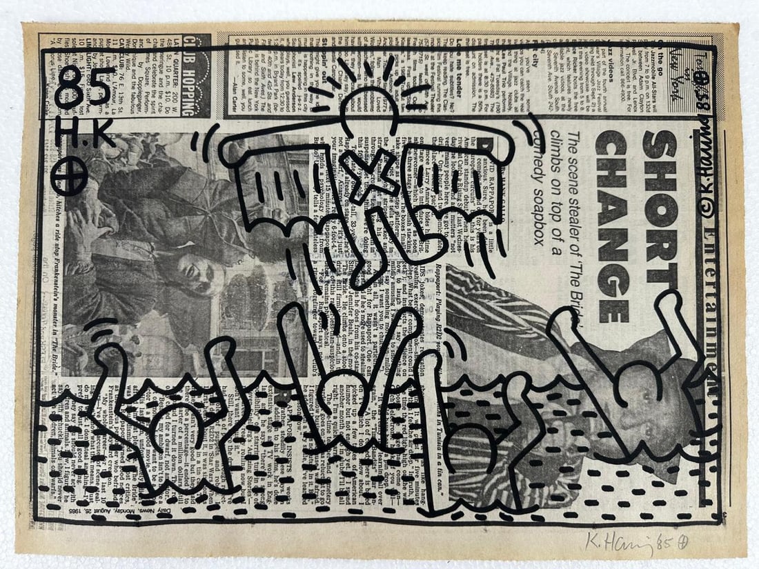 Keith Haring (Ink marker on newspaper) Style of: Ink marker on newspaper 10½ x 14½ inches, rendered in the style of Keith Haring (04 May 1958 - 16 Feb 1990) was an American artist whose pop art emerged from the New York City graffiti s