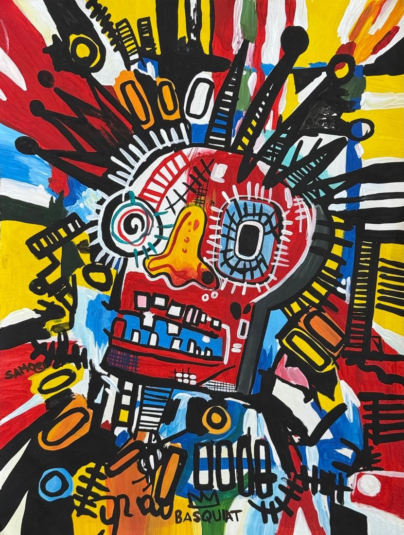 Jean-Michel Basquiat (Drawing on Paper Painting) Style of: Drawing on paper 8½ x 11½ inches, rendered in the style of Jean-Michel Basquiat (22 Dec 1960 - 12 Aug 1988) was an American artist who rose to success during the 1980s as part of the Neo
