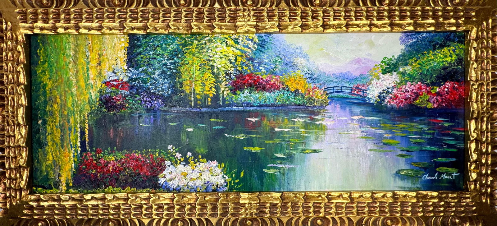 Claude Monet French (Oil on canvas painting) Style of: Oil on canvas painting 17 x 37 inches, rendered in the style of Claude Monet (14 Nov 1840 - 05 Dec 1926) was a French painter and founder of impressionist painting who is seen as a key precursor to mo