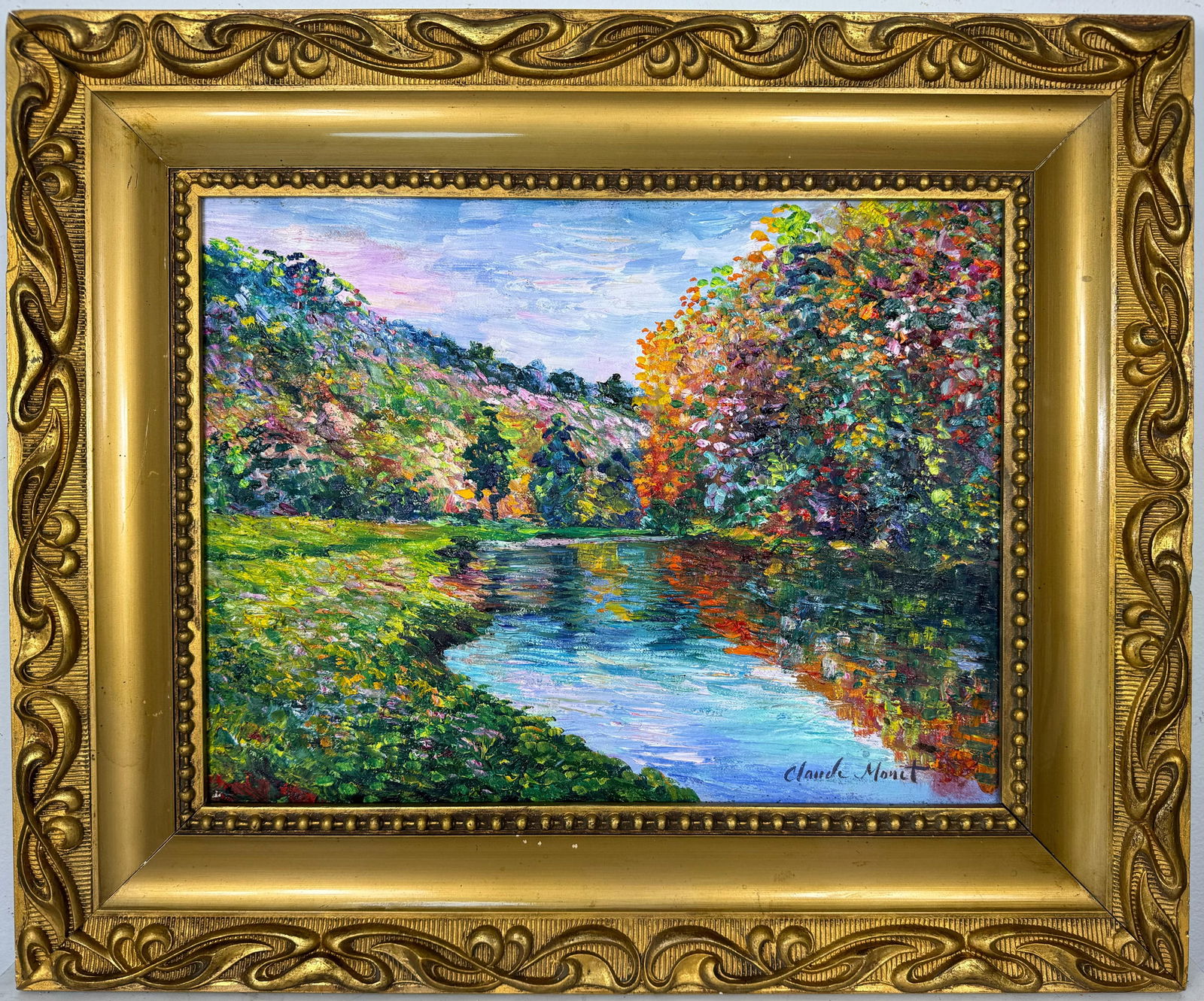 Claude Monet French (Oil on canvas painting) Style of: Oil on canvas painting 18½ x 22½ inches, rendered in the style of Claude Monet (14 Nov 1840 - 05 Dec 1926) was a French painter and founder of impressionist painting who is seen as a key