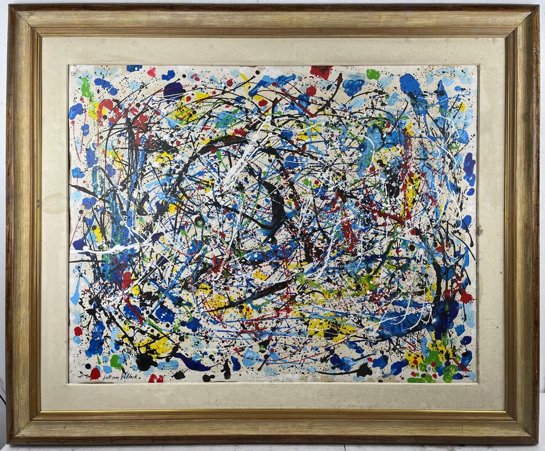 Jackson Pollock (Acrylic on canvas painting) Style of: Acrylic on canvas painting 37½ x 45½ inches, rendered in the style of Jackson Pollock (28 Jan 1912 - 11 Aug 1956) was an American painter. A major figure in the abstract expressionist mo