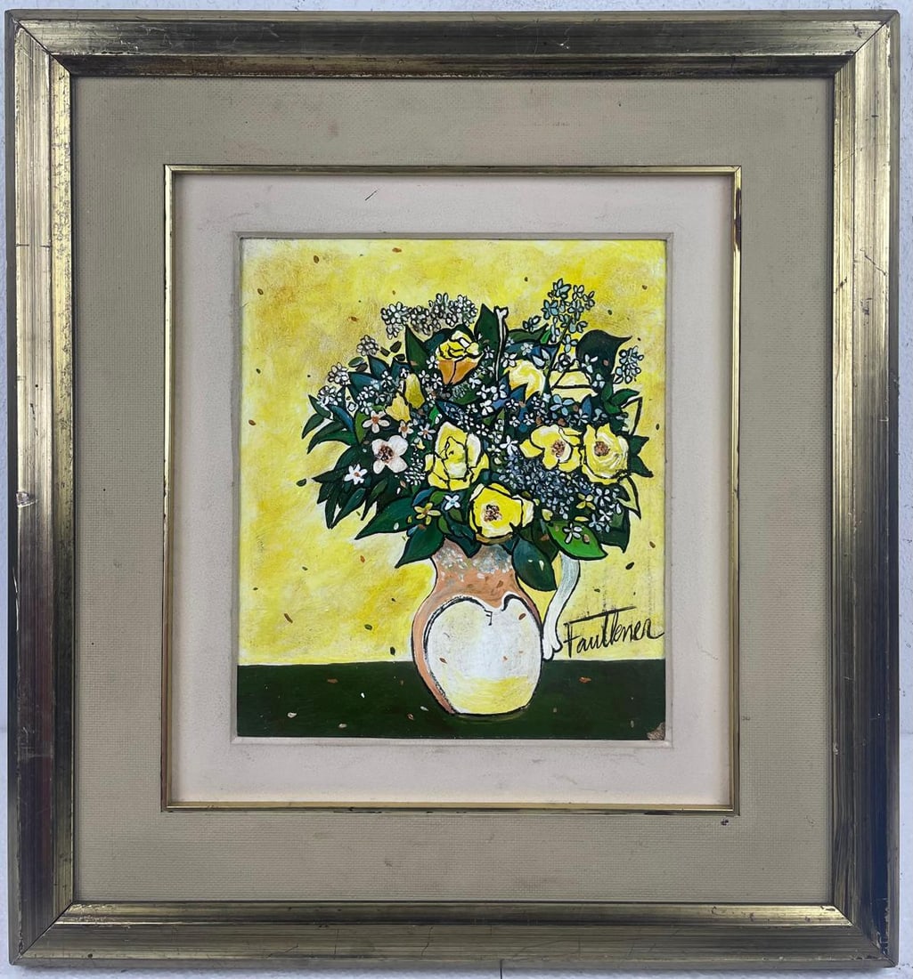 Henry Faulkner (Oil on cardboard painting) Style of: Oil on cardboard painting 17 x 19 inches, rendered in the style of Henry Faulkner (09 Jan 1924 - 05 Dec 1981) was an American artist and poet known as an eccentric rebel and bohemian. Provenance: Priv