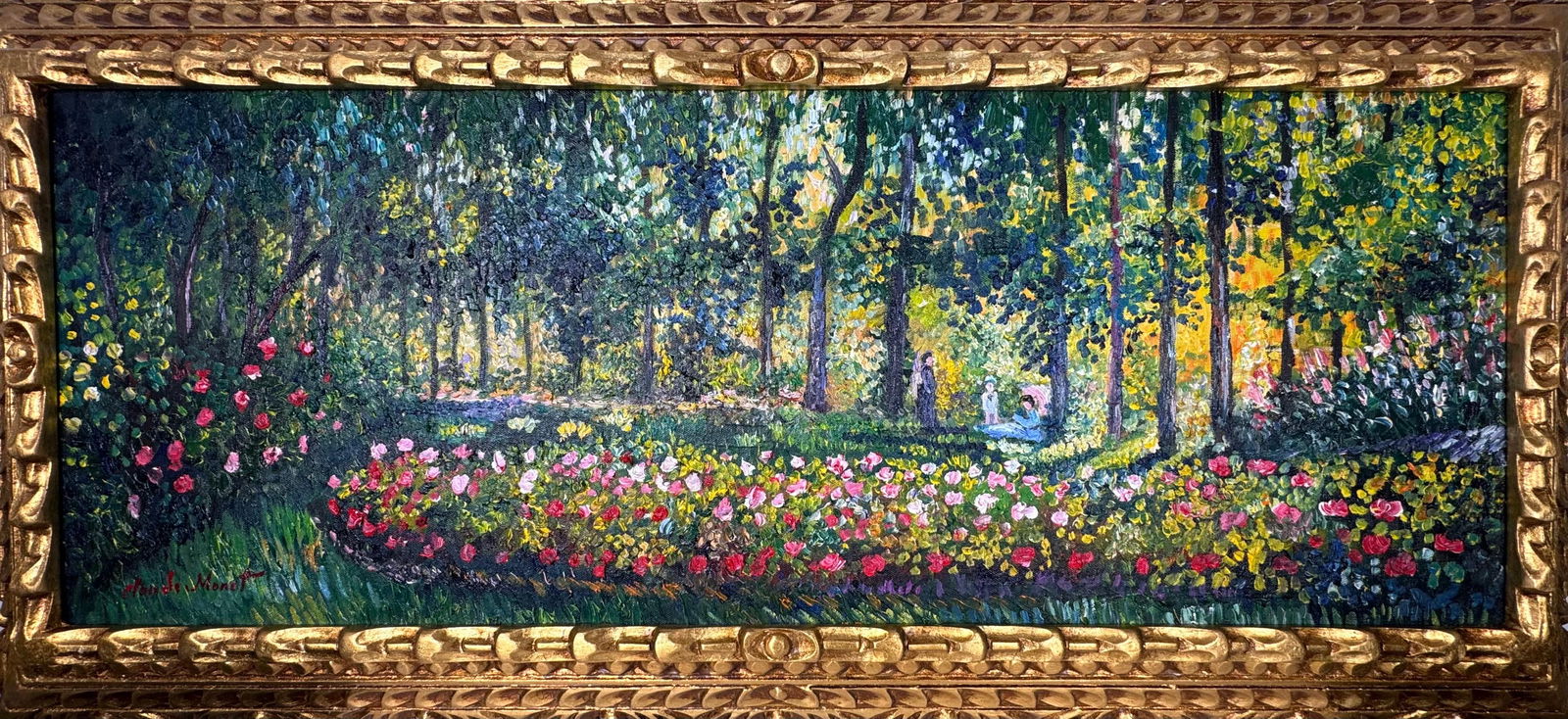 Claude Monet French (Oil on canvas painting) Style of: Oil on canvas painting 17½ x 37 inches, rendered in the style of Claude Monet (14 Nov 1840 - 05 Dec 1926) was a French painter and founder of impressionist painting who is seen as a key precurs