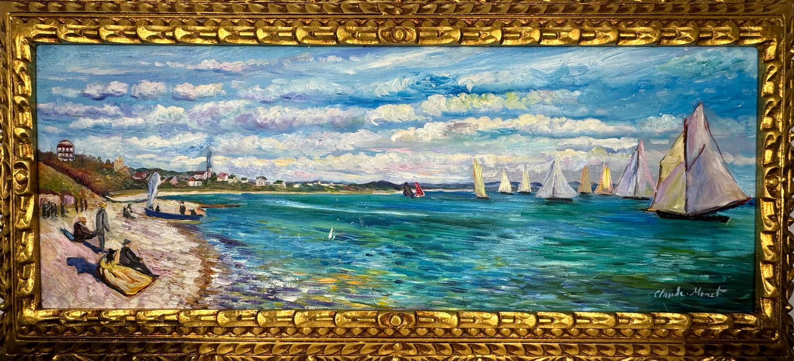 Claude Monet French (Oil on canvas painting) Style of: Oil on canvas painting 17½ x 37 inches, rendered in the style of Claude Monet (14 Nov 1840 - 05 Dec 1926) was a French painter and founder of impressionist painting who is seen as a key precurs