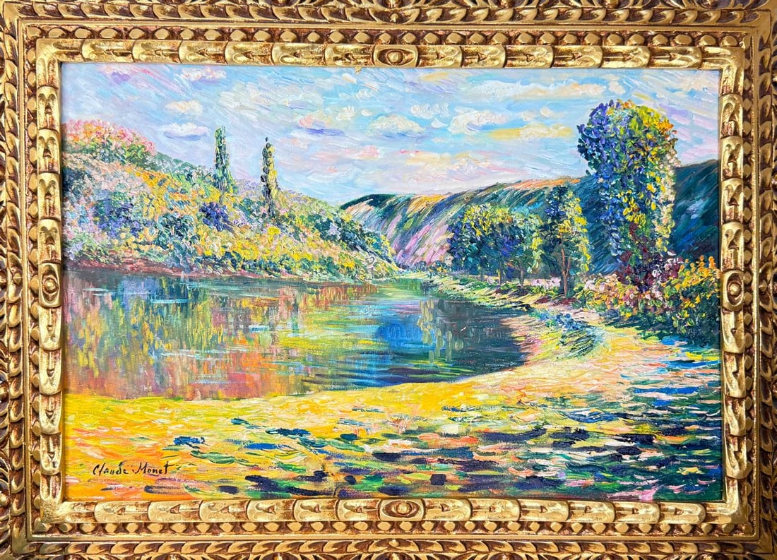Claude Monet French (Oil on canvas painting) Style of: Oil on canvas painting 21 x 29 inches, rendered in the style of Claude Monet (14 Nov 1840 - 05 Dec 1926) was a French painter and founder of impressionist painting who is seen as a key precursor to mo