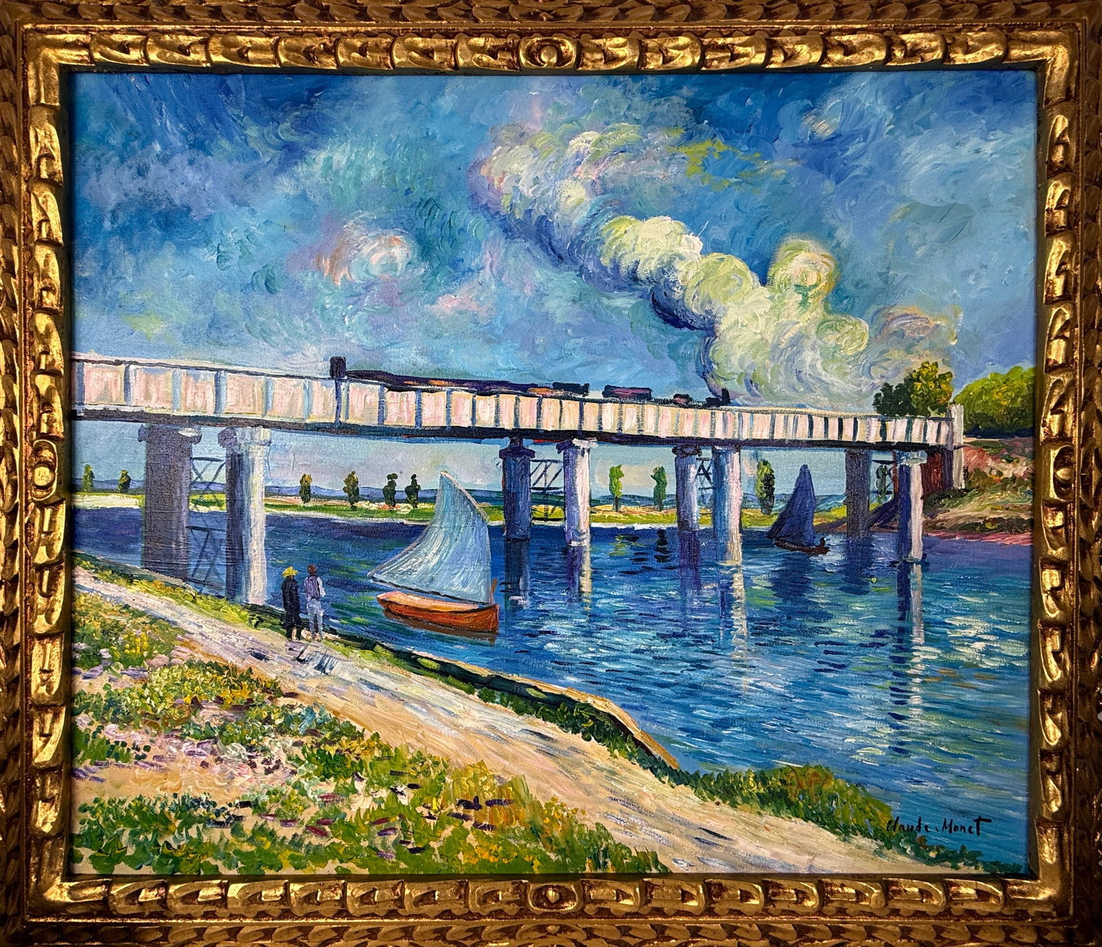 Claude Monet French (Oil on canvas painting) Style of: Oil on canvas painting 25 x 29 inches, rendered in the style of Claude Monet (14 Nov 1840 - 05 Dec 1926) was a French painter and founder of impressionist painting who is seen as a key precursor to mo