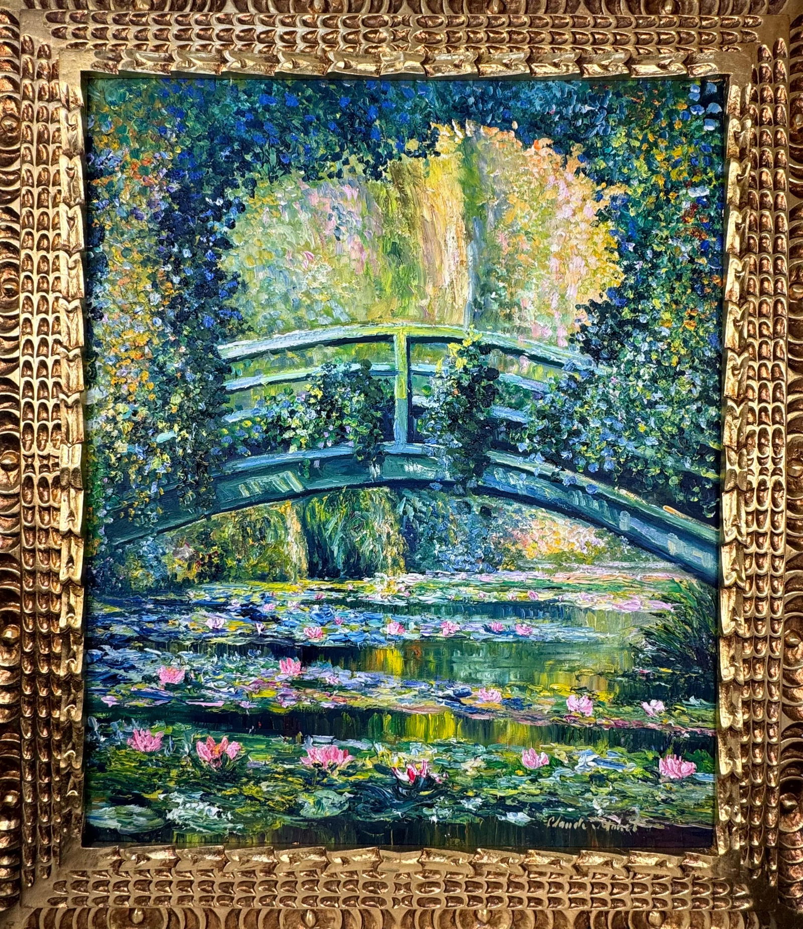 Claude Monet French (Oil on canvas painting) Style of: Oil on canvas painting 25 x 29 inches, rendered in the style of Claude Monet (14 Nov 1840 - 05 Dec 1926) was a French painter and founder of impressionist painting who is seen as a key precursor to mo
