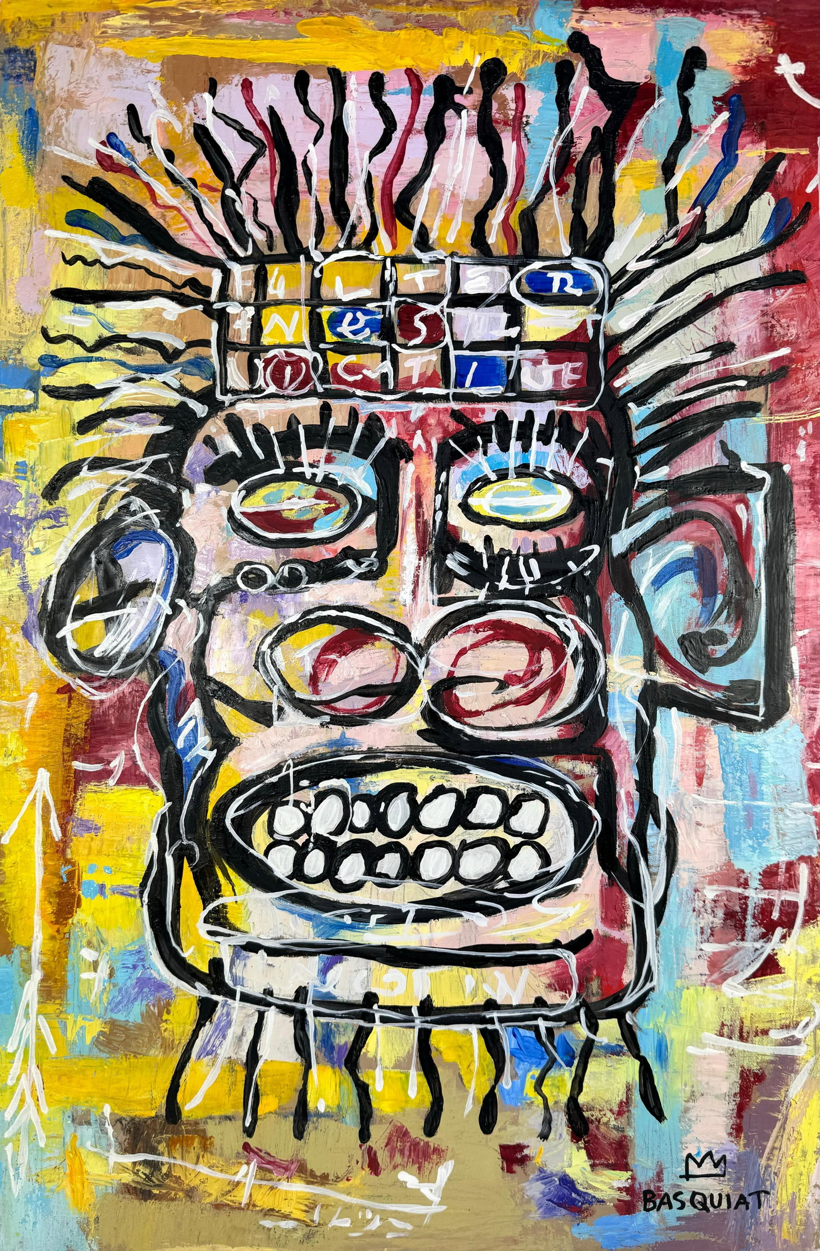 Jean-Michel Basquiat (Oil on canvas painting) Style of: Oil on canvas painting 15½ x 23½ inches, rendered in the style of Jean-Michel Basquiat (22 Dec 1960 - 12 Aug 1988) was an American artist who rose to success during the 1980s as part of 