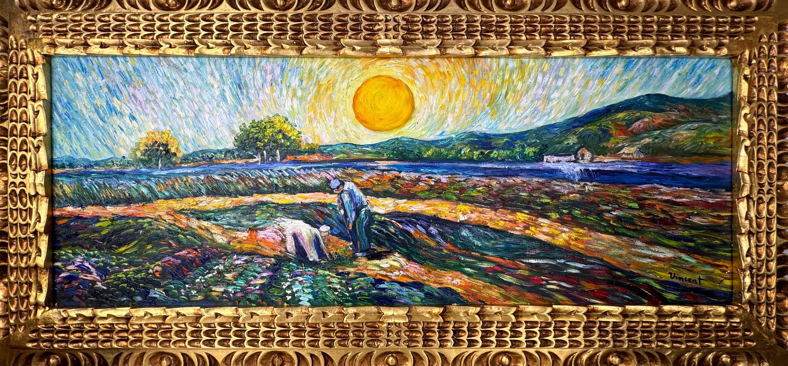 Vincent Van Gogh (Oil on canvas painting) Style of: Oil on canvas painting 18 x 38 inches, rendered in the style of Vincent Van Gogh (30 Mar 1853 - 29 Jul 1890) was a Dutch painter, generally considered to be the greatest after Rembrandt van Rijn, and