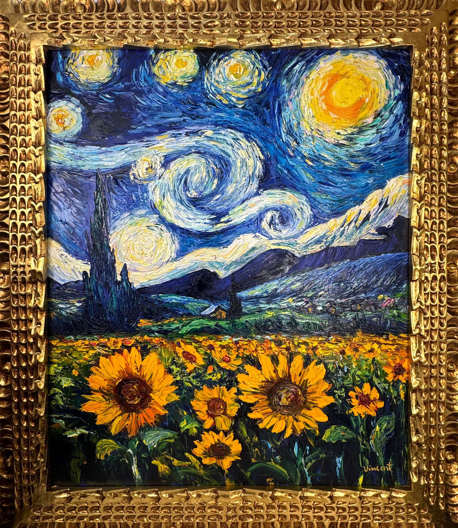 Vincent Van Gogh (Oil on canvas painting) Style of: Oil on canvas painting 25 x 29 inches, rendered in the style of Vincent Van Gogh (30 Mar 1853 - 29 Jul 1890) was a Dutch painter, generally considered to be the greatest after Rembrandt van Rijn, and