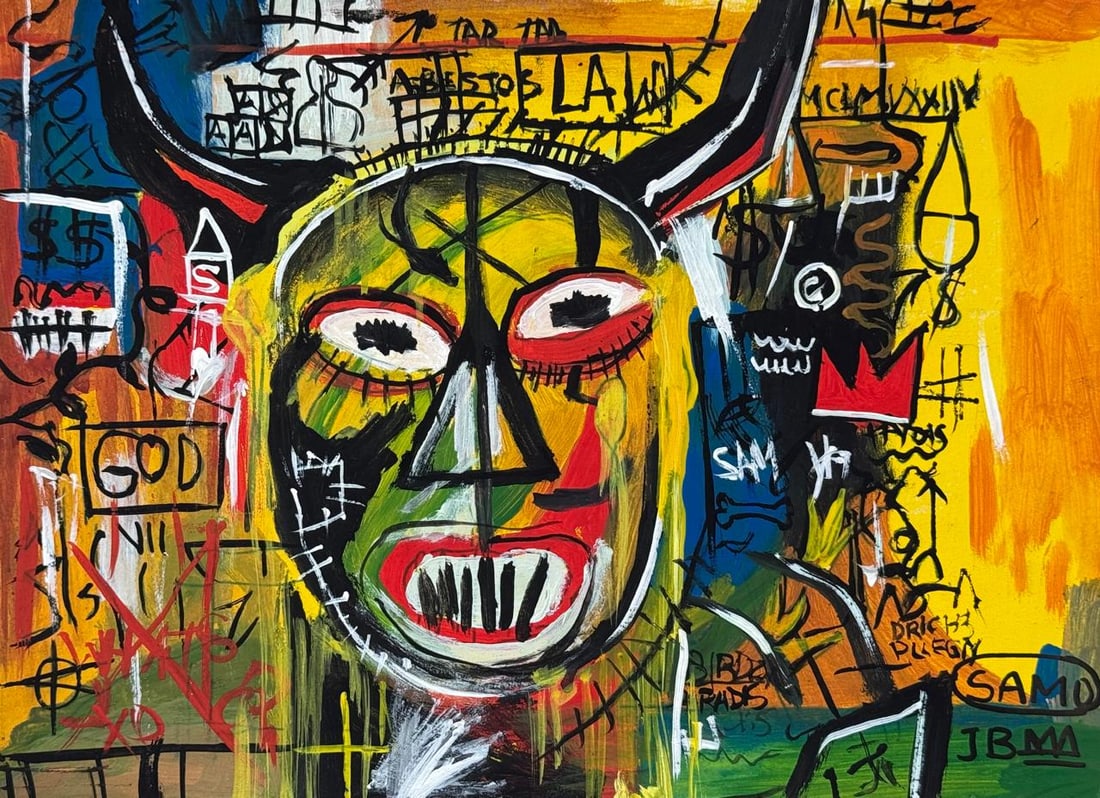 Jean-Michel Basquiat (Drawing on Paper Painting) Style of: Drawing on paper 7½ x 10½ inches, rendered in the style of Jean-Michel Basquiat (22 Dec 1960 - 12 Aug 1988) was an American artist who rose to success during the 1980s as part of the Neo
