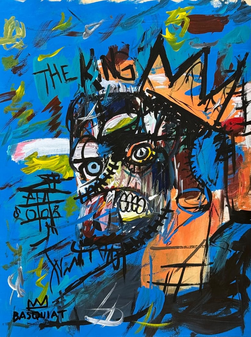 Jean-Michel Basquiat (Drawing on Paper Painting) Style of: Drawing on paper 8 x 10½ inches, rendered in the style of Jean-Michel Basquiat (22 Dec 1960 - 12 Aug 1988) was an American artist who rose to success during the 1980s as part of the Neo-express