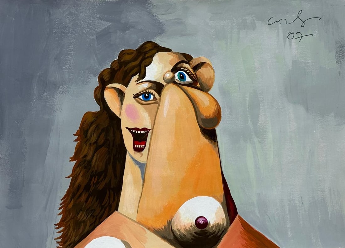 George Condo (Drawing on Paper Painting) Style of: Drawing on paper 8 x 11 inches, rendered in the style of George Condo between, born 1957, is an American visual artist who works in painting, drawing, sculpture and printmaking. He lives and works in