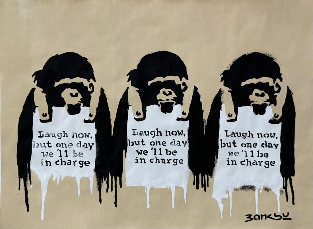 Banksy (Drawing on Paper Painting) Style of: Drawing on paper 9 x 12 inches, rendered in the style of Banksy is the pseudonym of a british artist named Robbie Banks, who was possibly born in the Bristol area in the mid-1970s. Provenance:Private