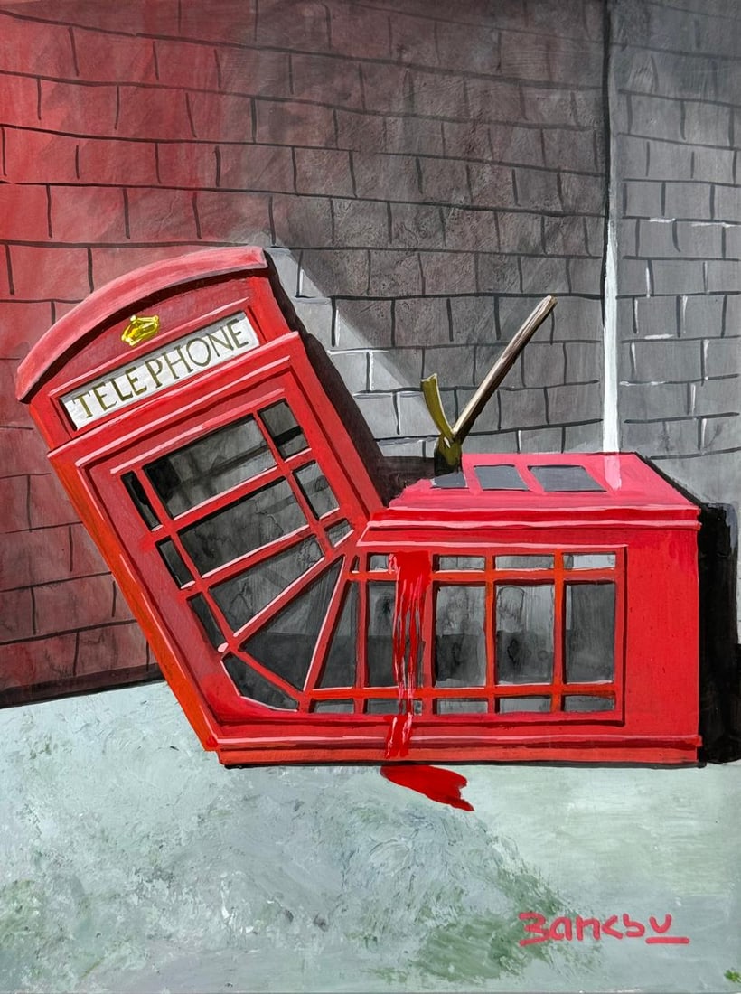 Banksy (Drawing on Paper Painting) Style of: Drawing on paper 9 x 12 inches, rendered in the style of Banksy is the pseudonym of a british artist named Robbie Banks, who was possibly born in the Bristol area in the mid-1970s. Provenance:Private